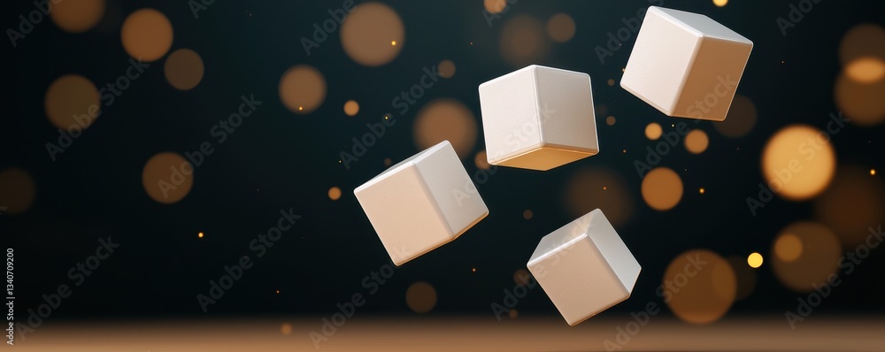 Poster Floating sugar cubes against a dark background, surrounded by soft, glowing bokeh lights, create a whimsical and vibrant effect.
