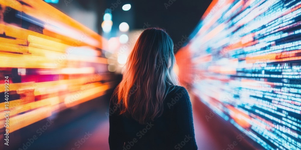 Poster Immersive Digital Landscape Next-Gen Tech Visualization of Gen Z Professional Navigating Dynamic Data Streams - Futuristic Innovation and Experiential Marketing Insight