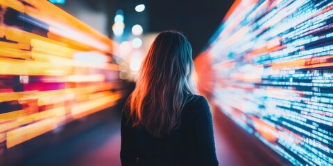 Immersive Digital Landscape Next-Gen Tech Visualization of Gen Z Professional Navigating Dynamic Data Streams - Futuristic Innovation and Experiential Marketing Insight