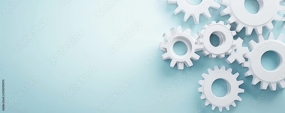 Poster a collection of white gears arranged on a light blue background, symbolizing mechanics and precision