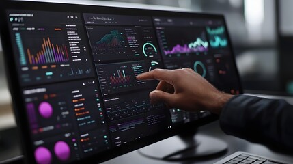 Person interacting with a dashboard interface on a large monitor
