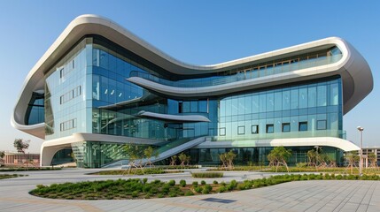 Large modern office building with unique architectural features.