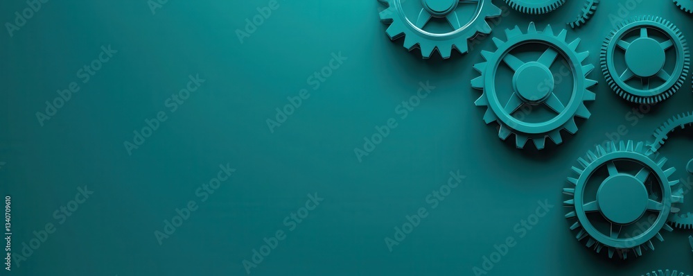 Poster A close-up of teal gears on a solid background, emphasizing mechanical engineering and design elements.