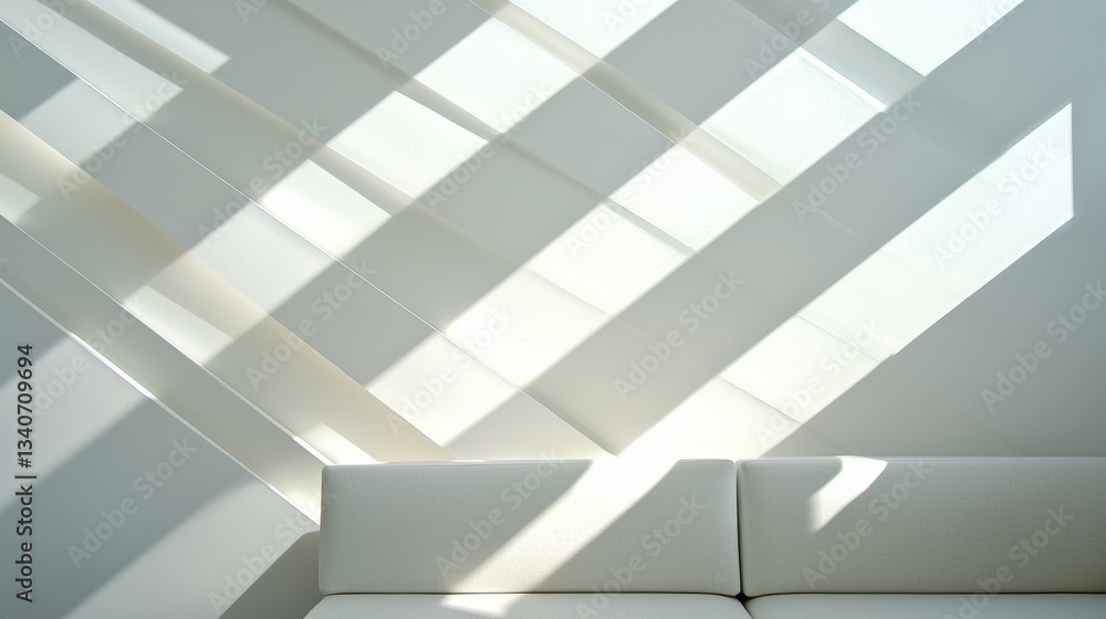 Poster a modern interior with a white couch, featuring geometric shadows cast by sunlight through wall angl