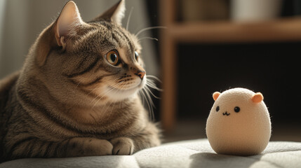 Curious tabby cat on cushion, gazing at a small toy, surrounded by soft textures and warm light.