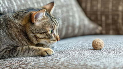 Curious tabby cat on cushion, gazing at a small toy, surrounded by soft textures and warm light.