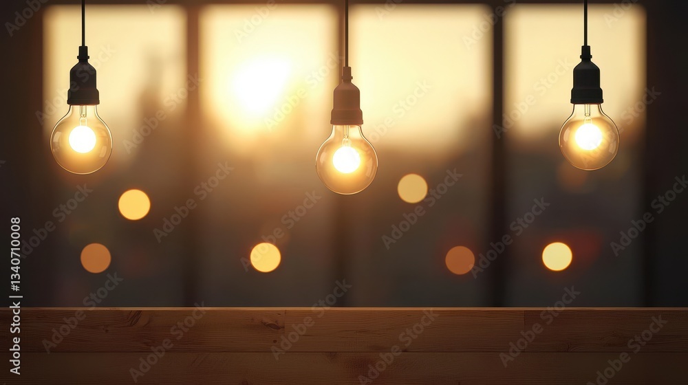 Poster a warm sunset illuminates hanging light bulbs, creating a cozy atmosphere with a blurred background 