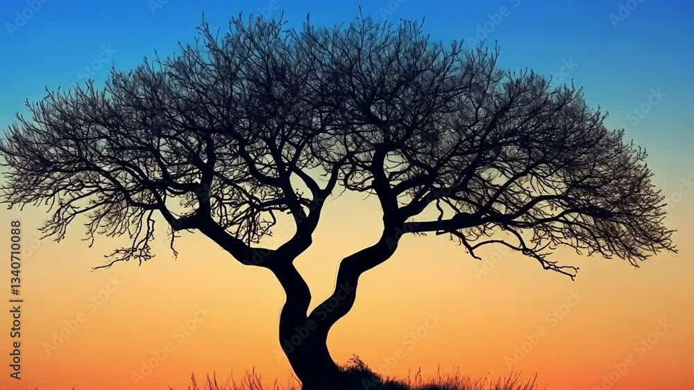 Poster a tree with a large trunk and branches is silhouetted against a beautiful sunset