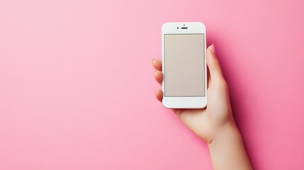 A hand holds a white smartphone against a pink background