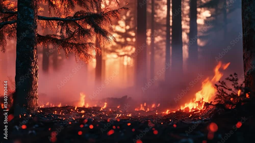 Poster a forest with a tree that is on fire