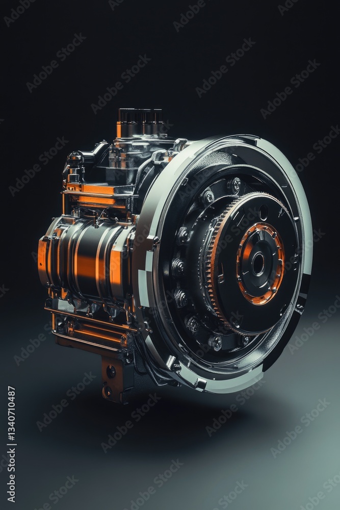 Poster a close-up shot of a small engine on a black background, perfect for use in tech-related projects or