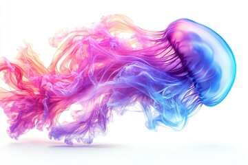 Obraz premium Vibrant bioluminescent jellyfish with pink and blue glowing tentacles isolated on white background