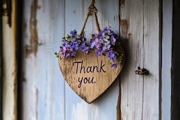 
A wooden heart with purple flowers hanging on the wall, written in cursive font "Thank you."

