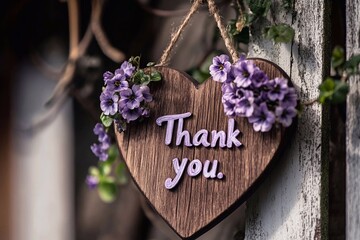 
A wooden heart with purple flowers hanging on the wall, written in cursive font "Thank you."

