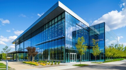 Obraz premium Sleek modern office building with glass walls and sharp lines.