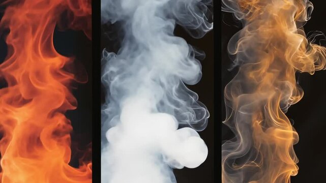 Three images of smoke with one being orange, one being white