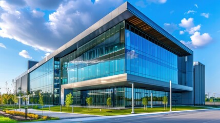 Obraz premium Sleek modern office building with glass walls and sharp lines.