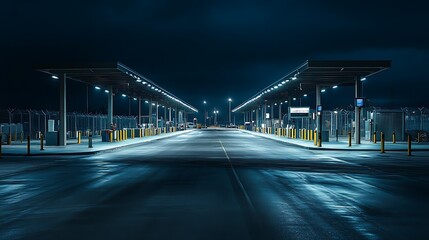Fototapeta premium Empty Border Crossing at Night Reflecting Street Lights on Pavement