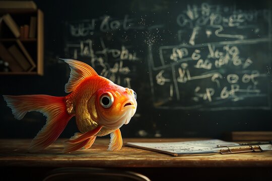A goldfish in a tiny classroom, staring blankly at a blackboard filled with math equations. 