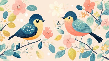 Charming design of spring flora and birds, ideal for wedding stationery and decor