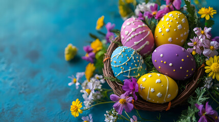 A vibrant Easter scene with chocolate eggs, brightly colored in yellow, purple, and blue, placed around a small Easter basket with flowers and greenery.