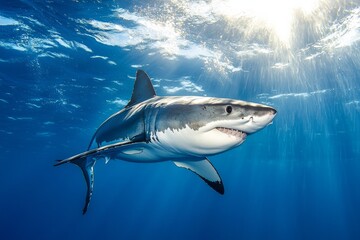 Fototapeta premium A great white shark swimming in the ocean