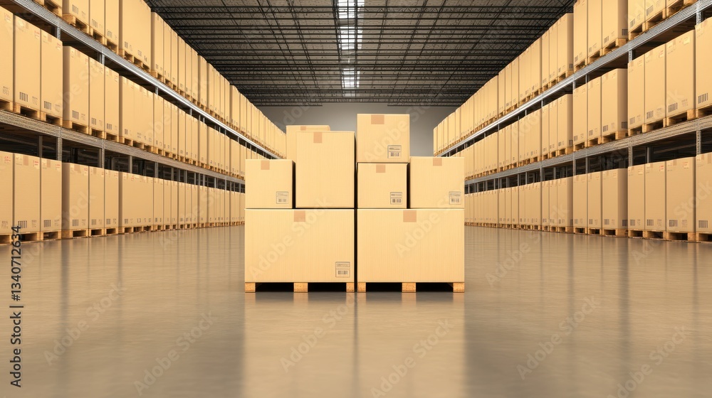 Poster warehouse inventory: rows of cardboard boxes in a large distribution center