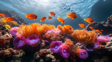 Naklejka premium Close-Up of Coral Reef with Vibrant Marine Life Showcasing Underwater Biodiversity – Generative AI
