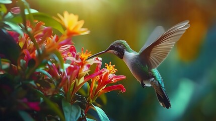 Fototapeta premium Hummingbird feeding on vibrant flowers in sunlight.