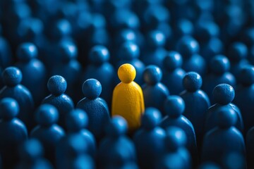 Obraz premium Unique yellow figure standing out from a crowd of blue figures, leadership and individuality concept