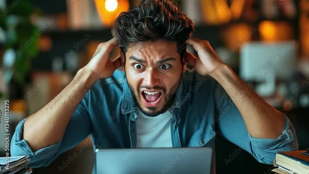 Poster a man is sitting at a desk with a laptop and a stack of books