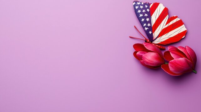 Floral Patriotism United States Flag Butterfly on Blooms Artistic Theme Celebration and Pride