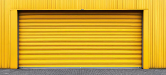 A yellow storage unit door stands closed against a clear sky, reflecting the midday bright light in a bustling urban area