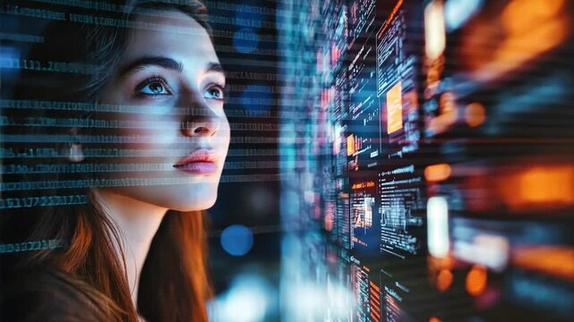 A woman is looking at a computer screen with a lot of numbers and symbols