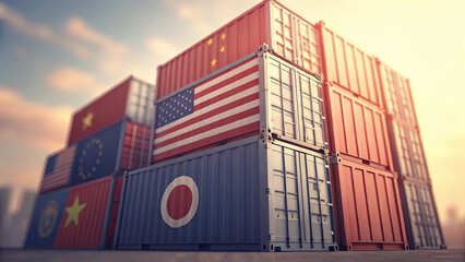 Close-up of a stack of international shipping containers symbolizing global trade and tariffs, representing logistics, import export, and worldwide commerce concepts.