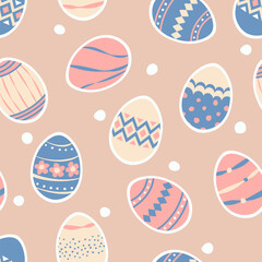 Square seamless vector background. Easter eggs colorfull illustration on soft background. Vector design elements in pink, blue and white colors.