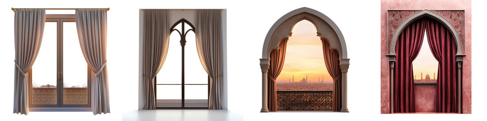 Fototapeta premium Elegant and historic arched framed by luxurious curtains offering captivating panoramic views of a breathtaking sunset landscape scene
