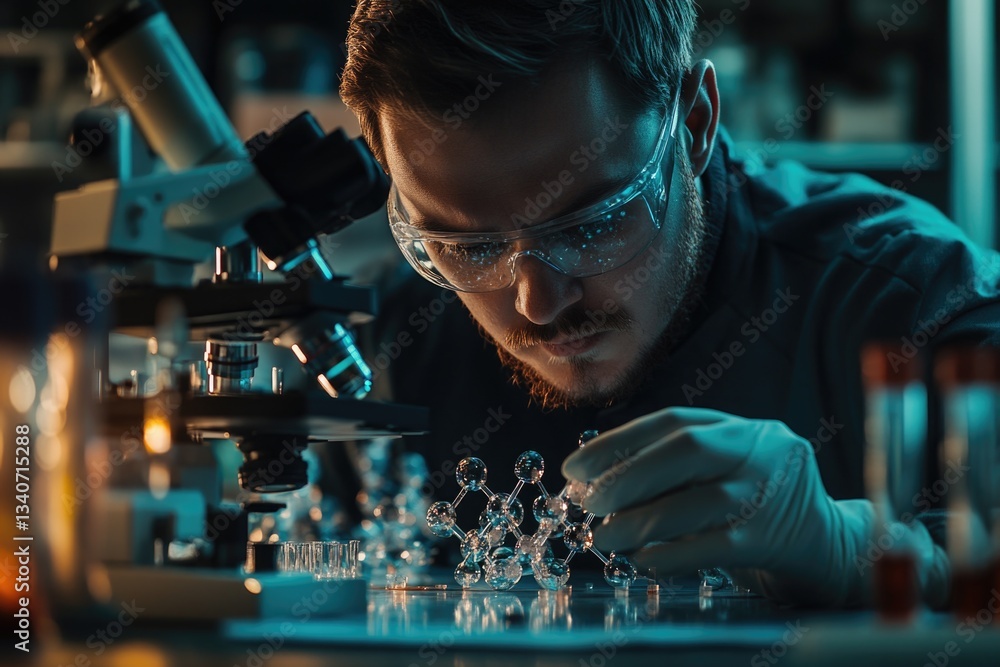 Poster man using microscope to analyze small object