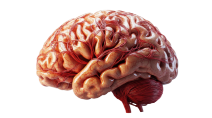 Realistic human brain showing blood vessels on transparent background