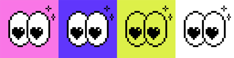 Obraz premium Y2k pixel smile heart-shaped eyes pattern. Eye pixel art icon set. Y2k love emoji. Vector illustration. Game abstract element. Bold and groovy geometric shape for collage sticker, poster. Mood of 90s