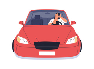 Car front view. Sad upset woman driver inside auto, sitting at steering wheel. Tired female commuter driving in bad mood, bored and troubled. Flat vector illustration isolated on white background