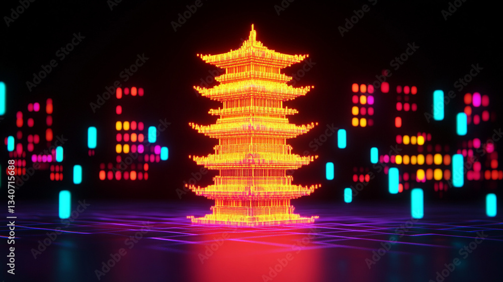 Aufkleber illuminated pagoda display digital art virtual environment futuristic setting abstract perspective