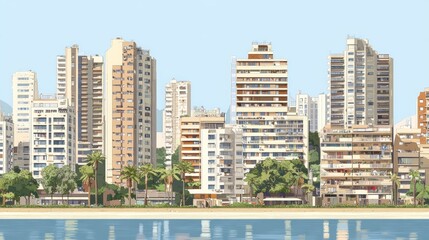Fototapeta premium Cityscape featuring tall buildings along the coast on a sunny day