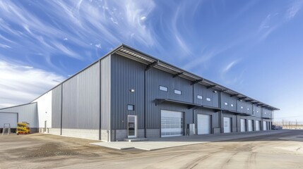 Obraz premium Industrial warehouse with steel frame and clear signage.