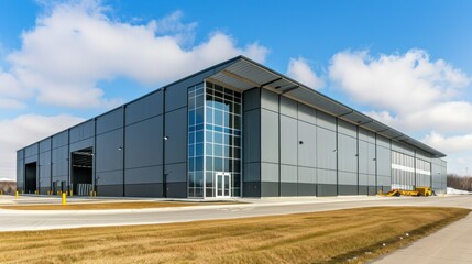 Obraz premium Industrial warehouse with steel frame and clear signage.