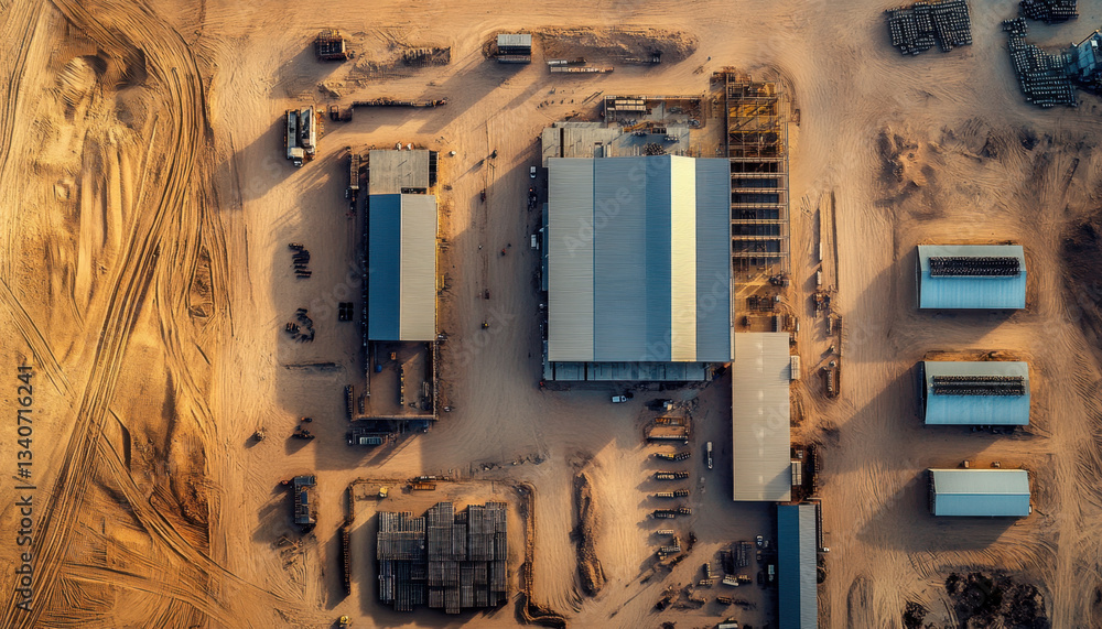 Poster an aerial view captures the extensive construction site with multiple large structures and equipment
