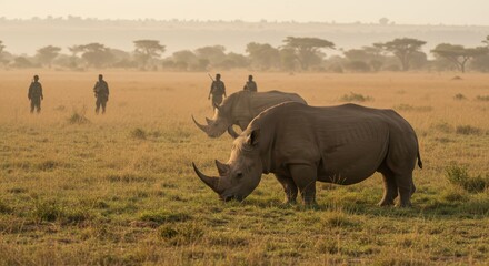 Fototapeta premium Rhinos Grazing in African Savannah with Rangers Protecting Wildlife