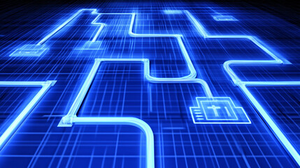Navigating complex digital pathways technology data visualization abstract futuristic environment aerial view