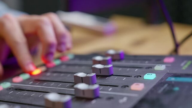 Close up on podcast sound console or audio recording mixer - man's hand pressing buttons and moves switches and faders in professional studio getting ready for live streaming session or radio show