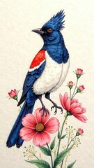 A blue bird sitting on a flowering branch.